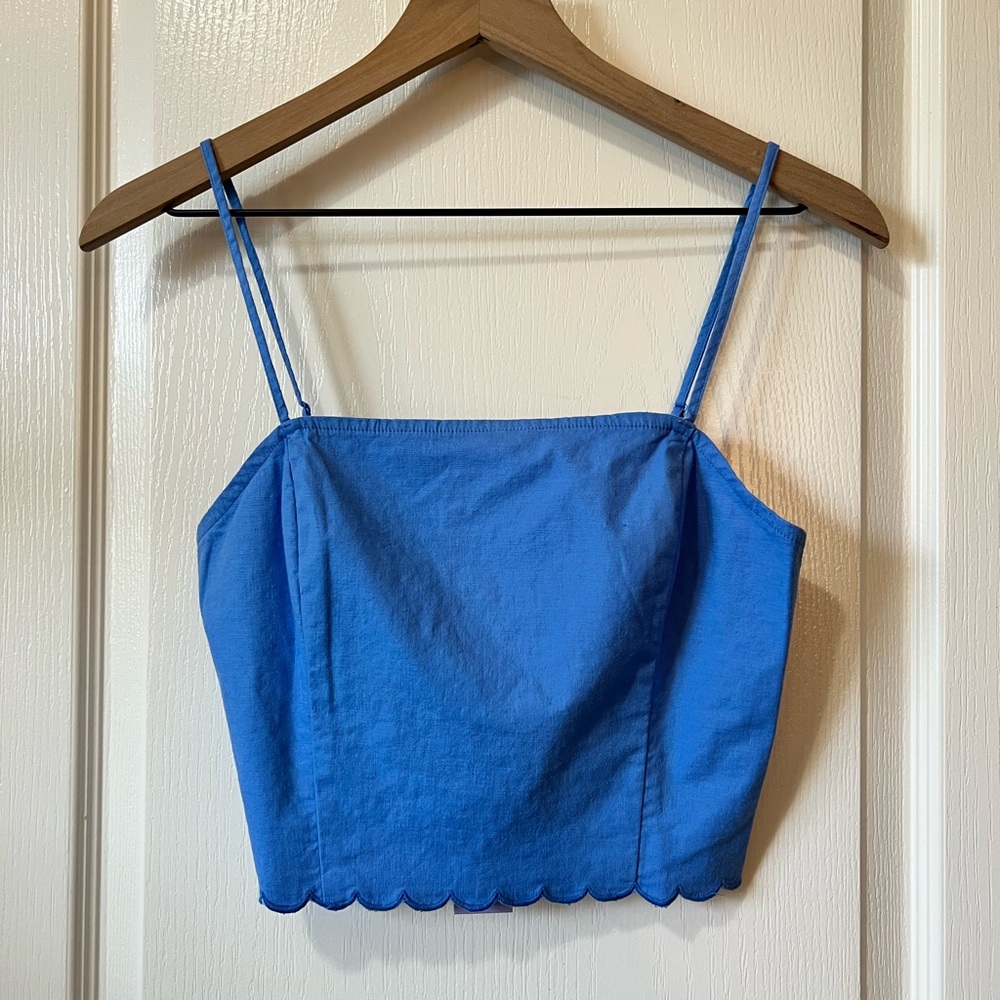 NWT Florence by Mills Blue Linen Blend Scallop Hem Crop Top Women’s Medium